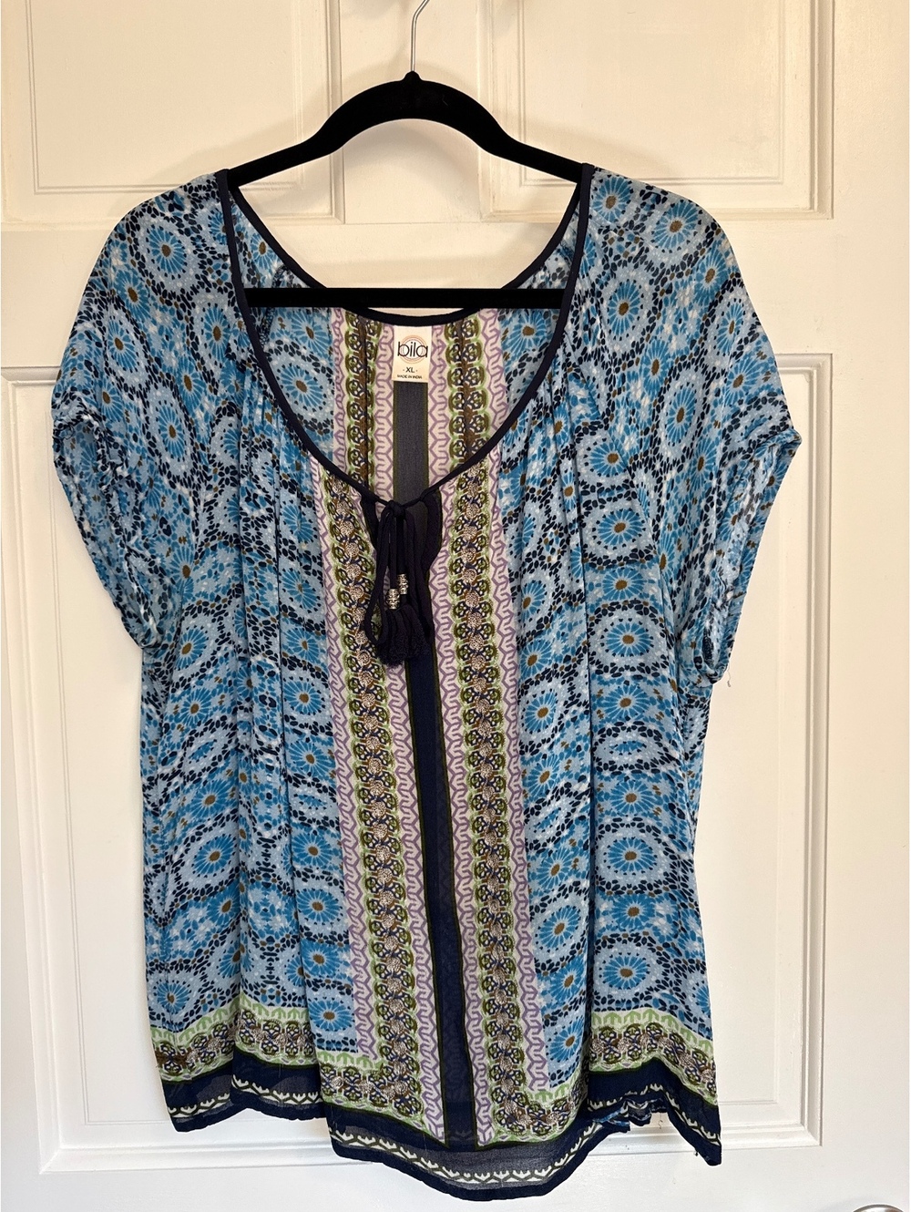 Bila Women's XL Blue Patterned Bohemian Blouse with Tassel Tie